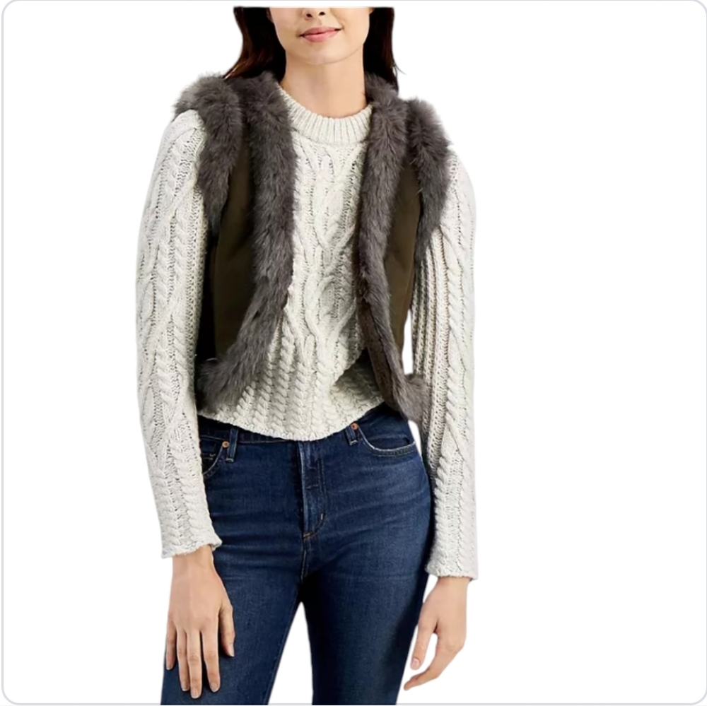 French Connection Green Fur Trimmed Faux leather Vest Sz M